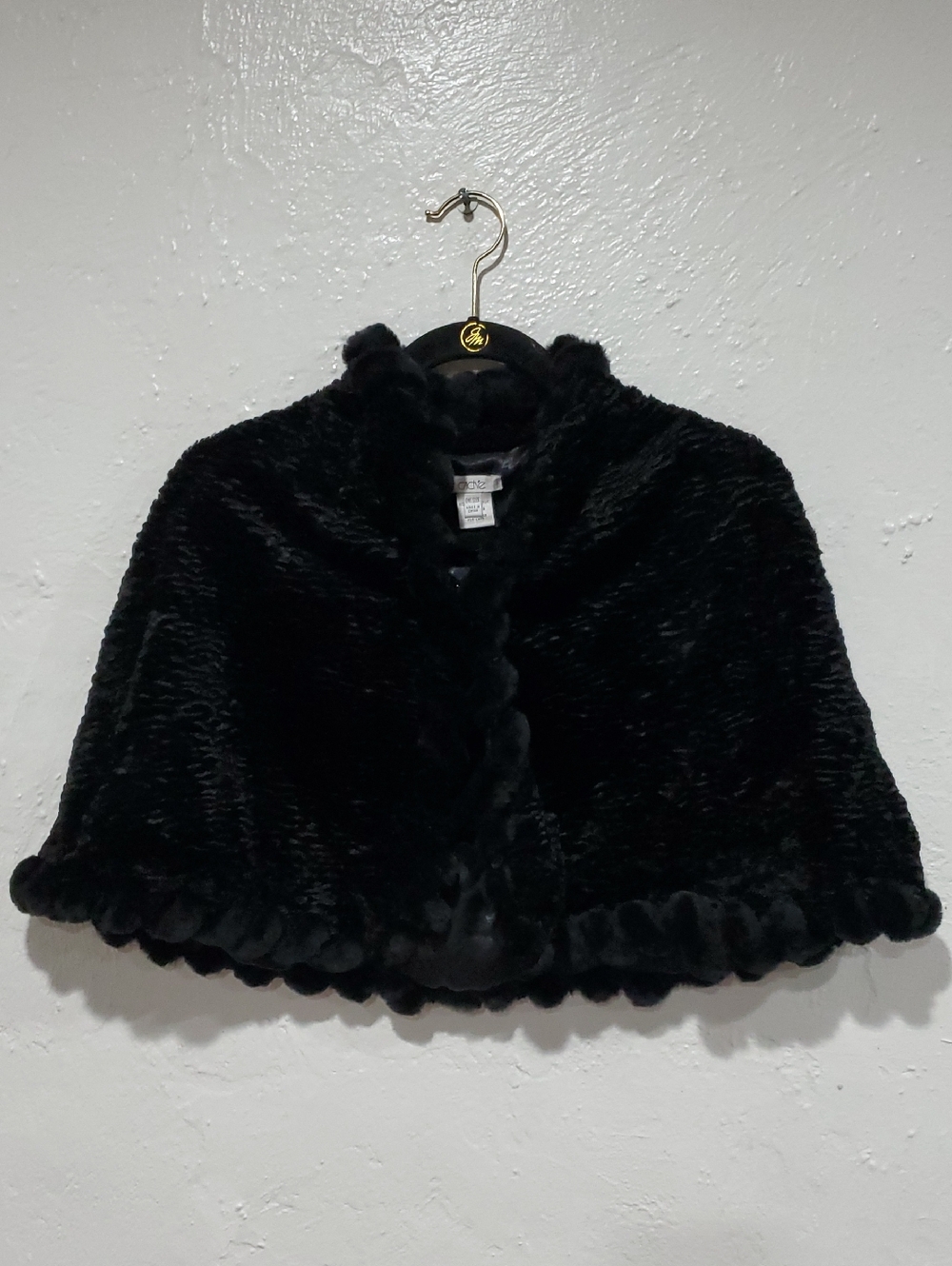 Vintage Cache Black Textured Faux Fur Cape With Scalloped Hem